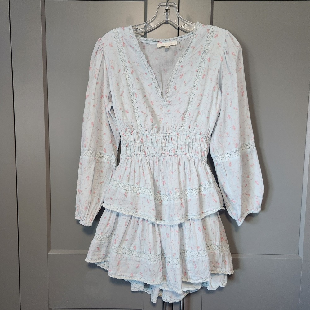 LoveShackFancy Natasha Dress XS Blue Pink Floral Lace Smocked Tiered Cotton Mini